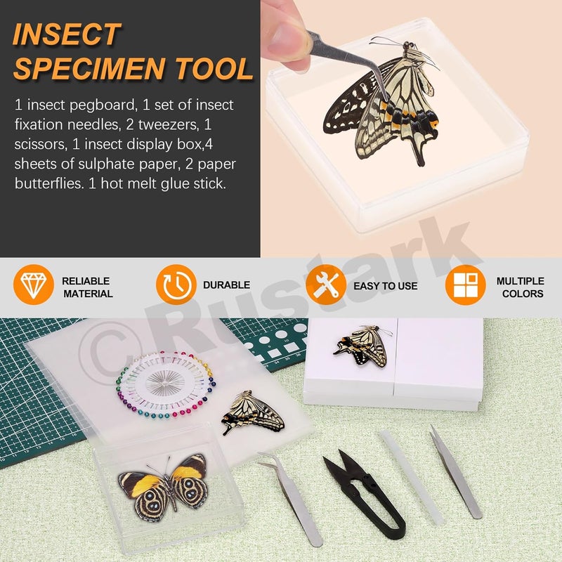 Rustark 15Pcs Making Insect Specimen Tools Kit Insect Pinning Kit with Insect Pins Wings Pressing Paper Insect Pinning Board Insect Display Case Entomology Supplies for Bugs Collection Science - Image 3
